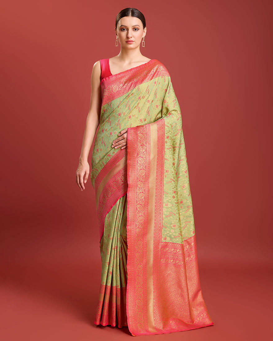 Monjolika Fashion Glamour And Tradition With This Pastel Green Color Zari Woven Banarasi Tissue Silk Saree - Distacart