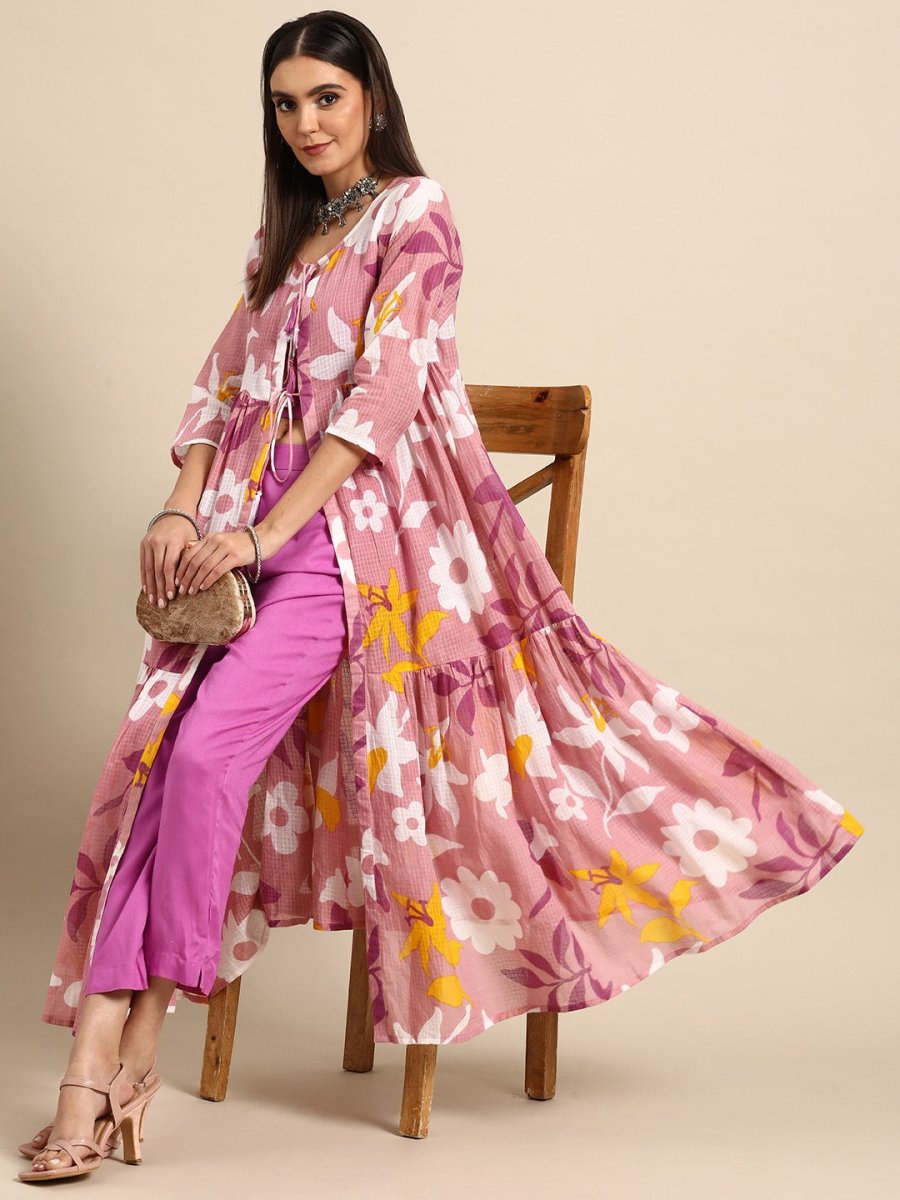 Anouk Women Purple & Mauve Printed Layered Kurta With Trousers - Distacart
