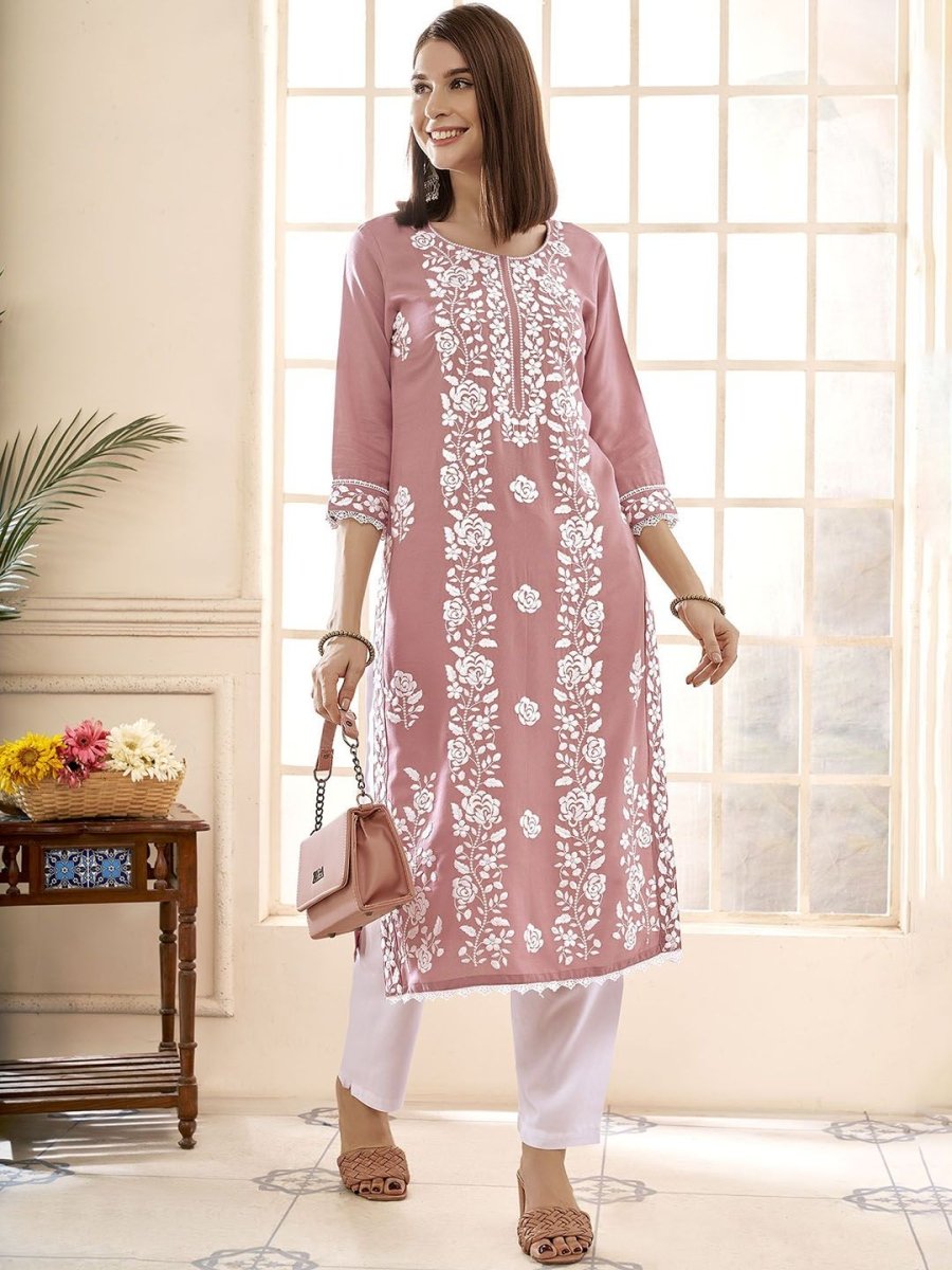 Anouk Floral Embroidered Round Neck Chikankari Straight Kurta