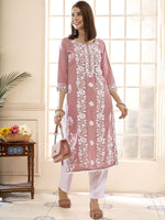 Thumbnail for Anouk Floral Embroidered Round Neck Chikankari Straight Kurta