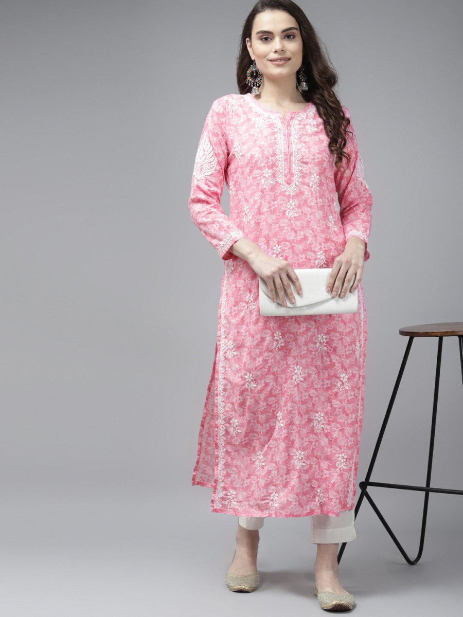 ADA Women Pink & White Floral Chikankari Cotton Handloom Kurta - Distacart