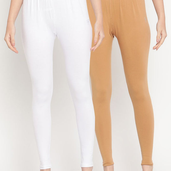 TAG 7 Pack of 2 White & Beige Solid Comfort-Fit Ankle-Length Leggings - Distacart