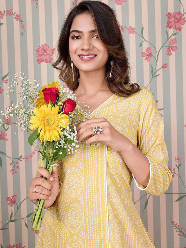 Ode by House of Pataudi Bandhani Printed Angrakha Pure Cotton Kurta with Trousers - Distacart