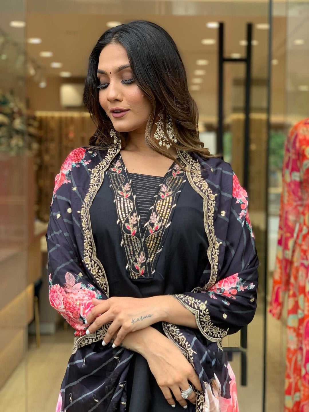 Kalini Floral Yoke Design Regular Sequinned Kurta With Trousers & Dupatta - Distacart