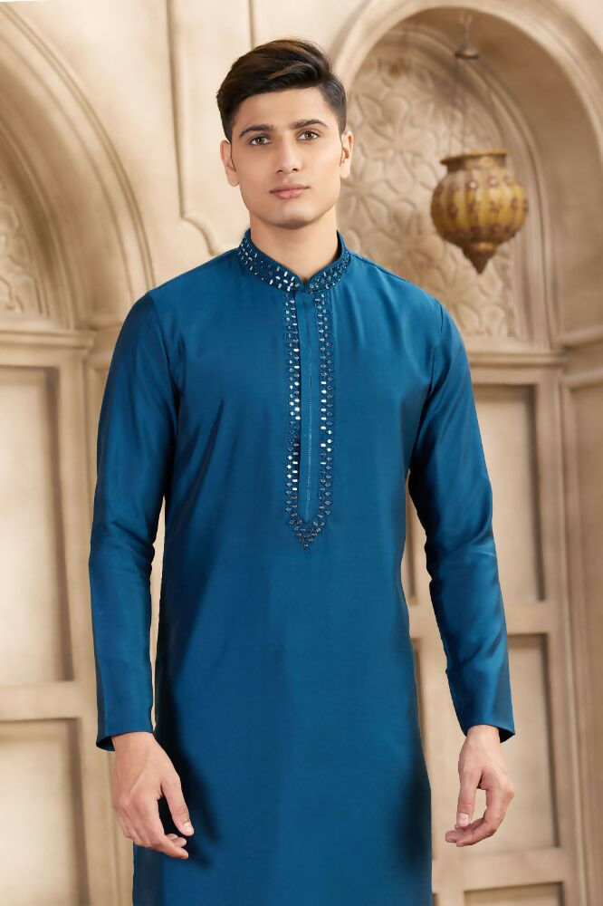 Raivat Ethnic Banarasi Art Silk Mirror Work Kurta Pajama In Blue Colour