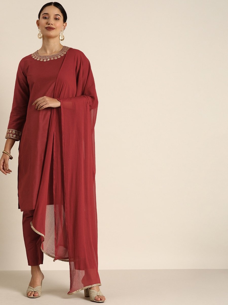All About You Women Maroon & Golden Satin Finish Kurta with Trousers & With Dupatta - Distacart