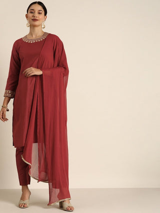 All About You Women Maroon & Golden Satin Finish Kurta with Trousers & With Dupatta - Distacart