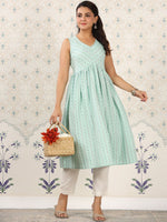 Thumbnail for Ode by House of Pataudi Green Geometric Printed A-Line Kurta - Distacart