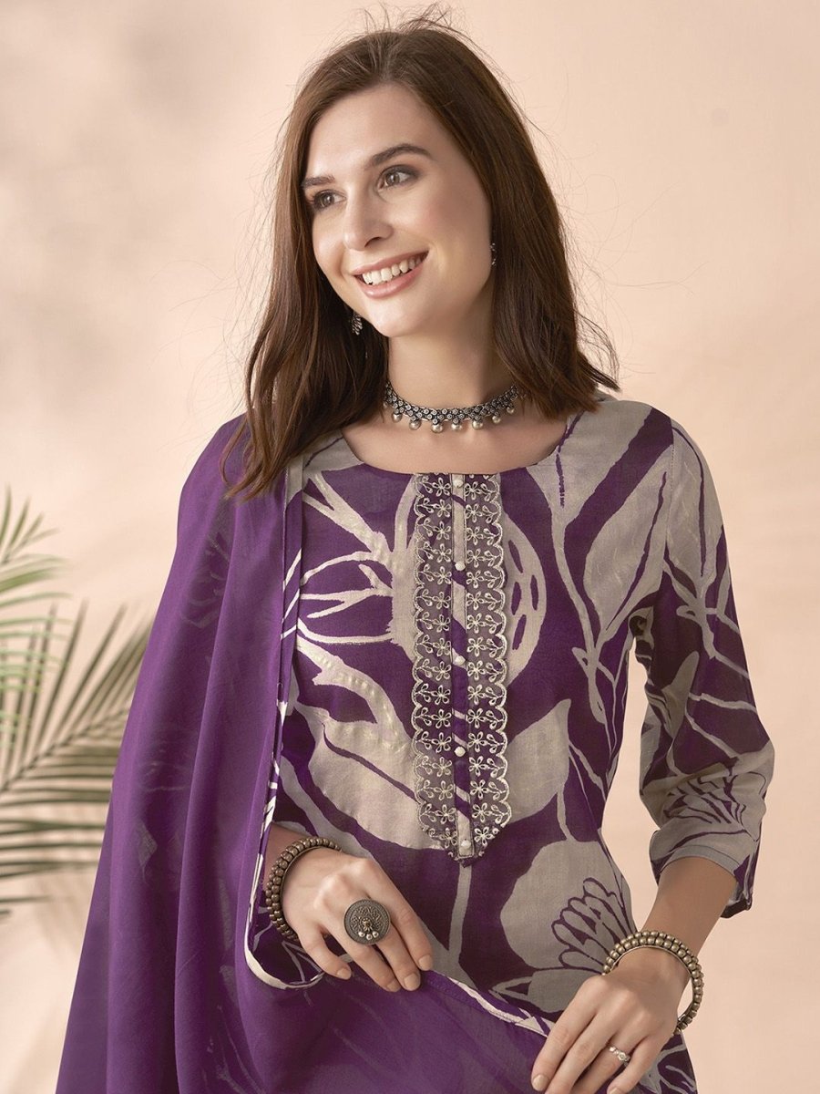 Anouk Floral Printed Thread Work Pure Cotton Straight Kurta With Trousers & Dupatta