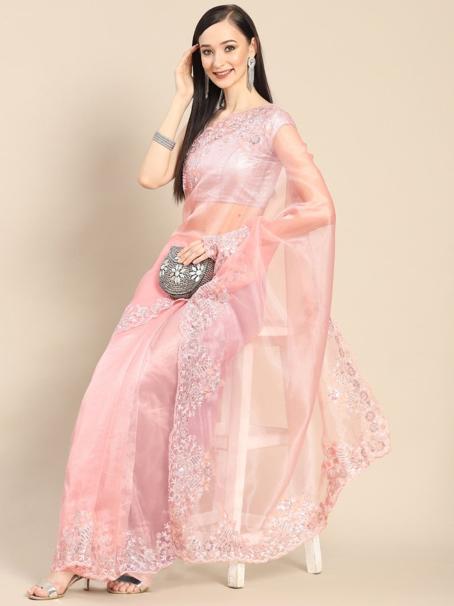 Anouk Pink Sequinned Organza Saree With Embroidered Border - Distacart