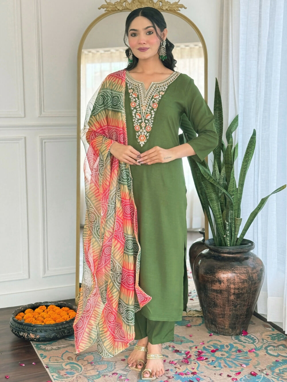 Divine Drape Women's Rayon Embroidered Straight Kurta Pant With Dupatta - Mahendi