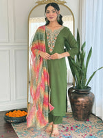 Thumbnail for Divine Drape Women's Rayon Embroidered Straight Kurta Pant With Dupatta - Mahendi