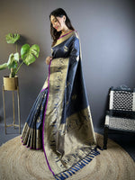 Thumbnail for Joban Fashion Navy Blue Striped With Floral Motifs Soft Silk Leheriya Saree