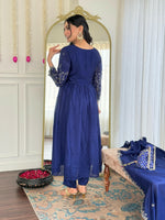 Thumbnail for The52 Blue Women's Beautiful Embroidered Vichitra Silk Fabric with Flared Kurta, Pant and Dupatta Set - Distacart