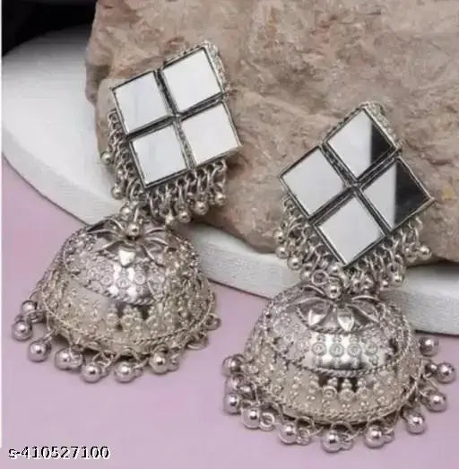 Tehzeeb Creations Women's Silver Plated Earrings With Mirror Design - Distacart
