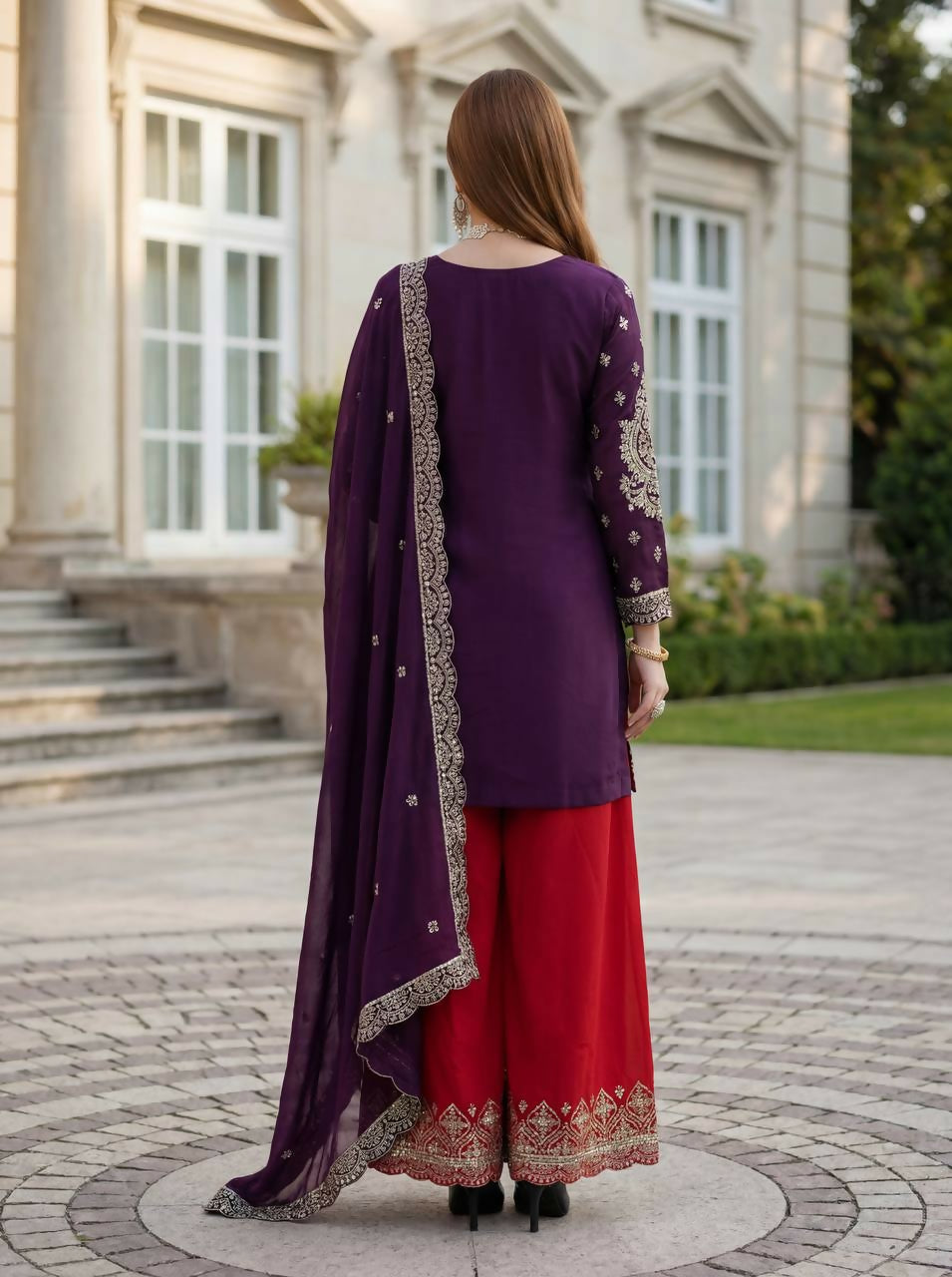Joban Fashion Purple Silk Embroidered Sharara Set - Distacart