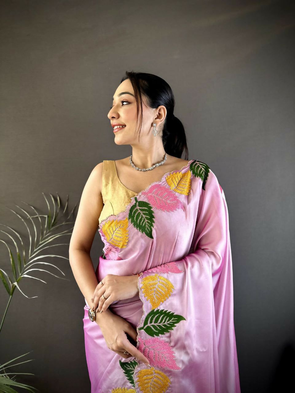 Prime Volt Multicolor Leaf Embroidery Rangoli Silk Saree with Scalloped Border-Pink - Dista
