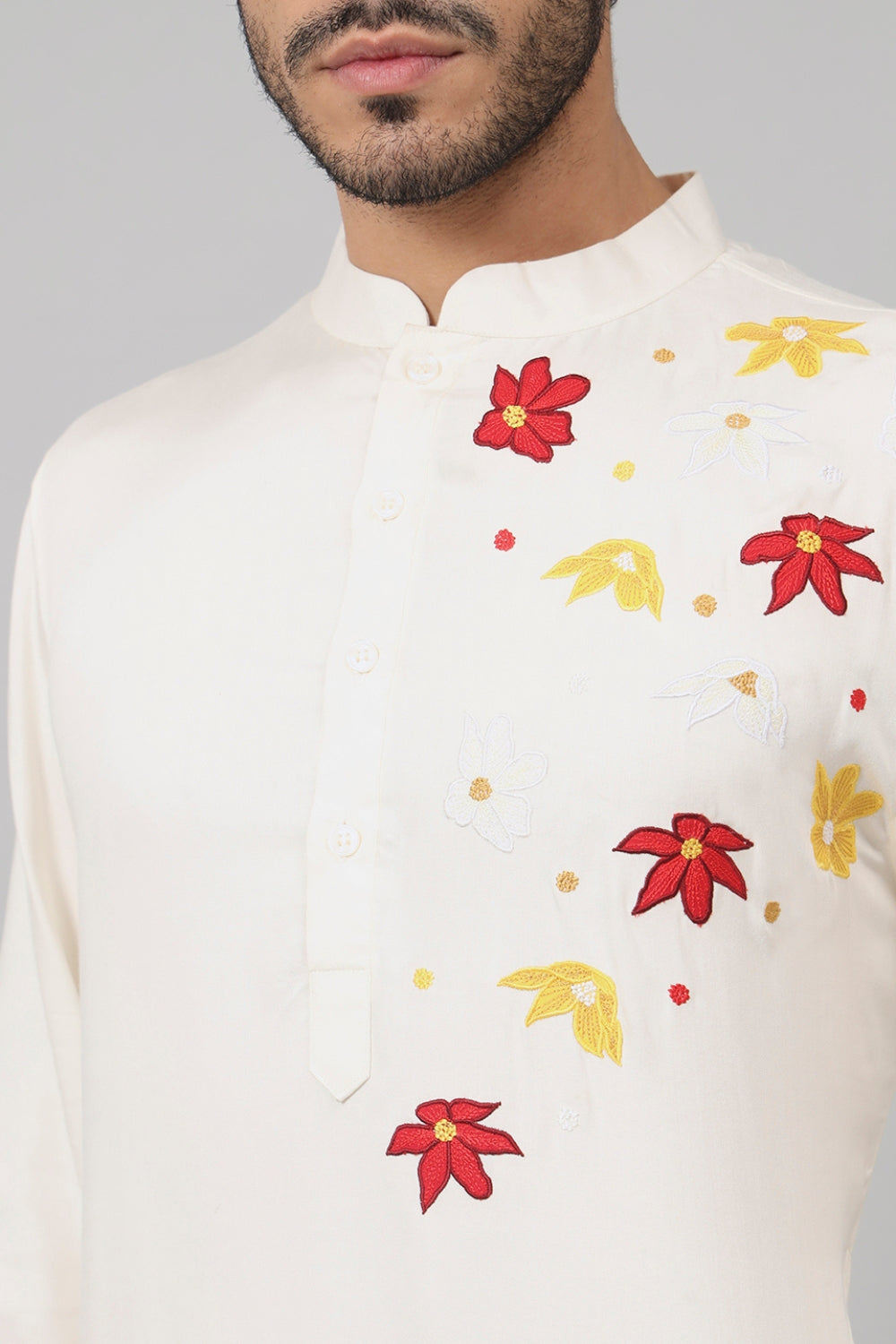 Cotton Kurta With Floral Embroidery Patch Embellishment by Hilo Design - Distacart