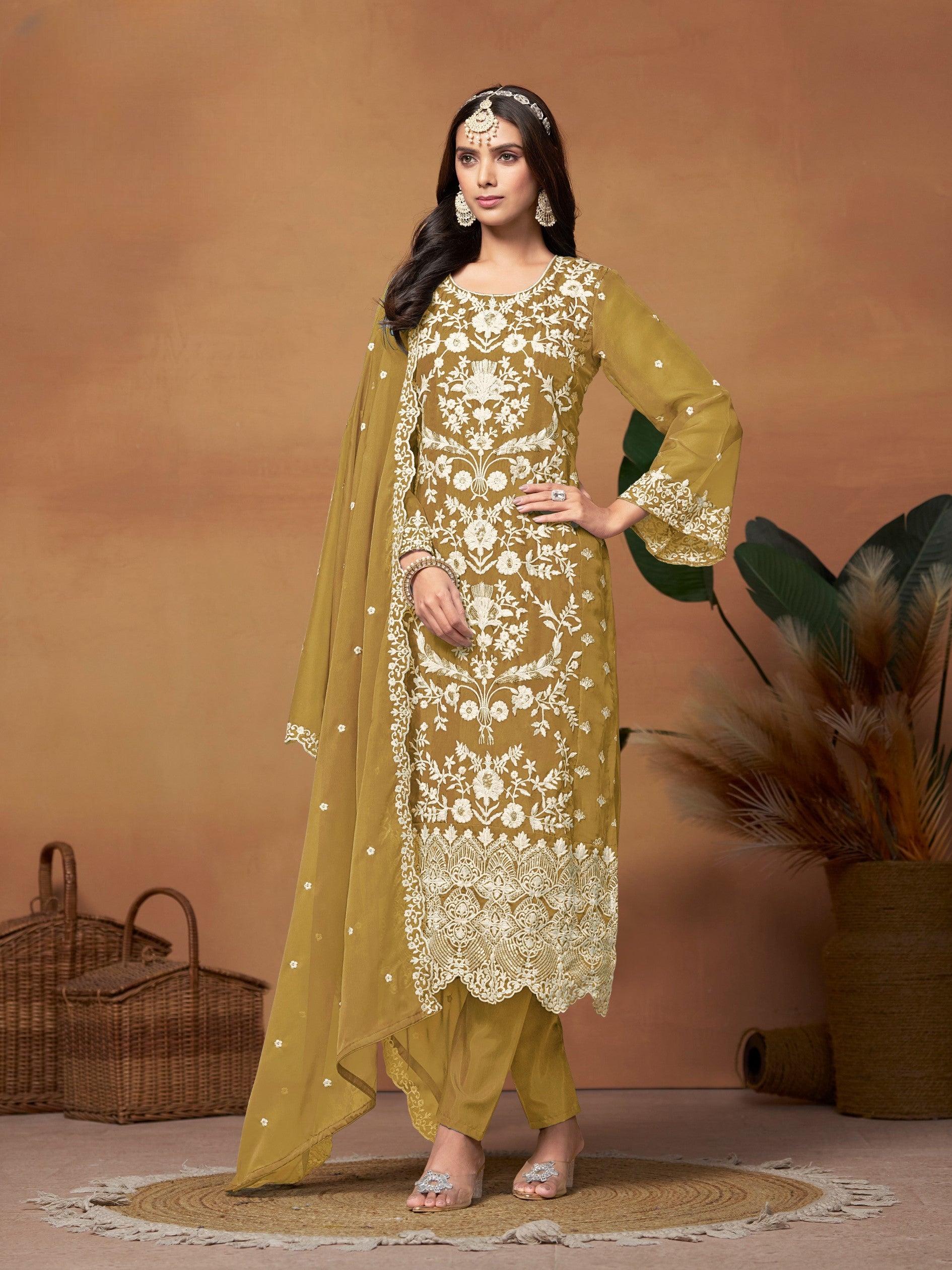 Anaita Mehendi Embroidered Soft Organza Salwar Suit - Distacart