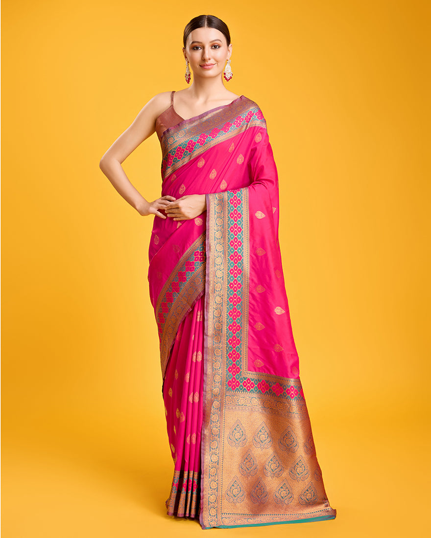 Monjolika Fashion Rani Pink Banarasi Rich Zari Woven Weave For Opulent Charm Silk Saree - Distacart