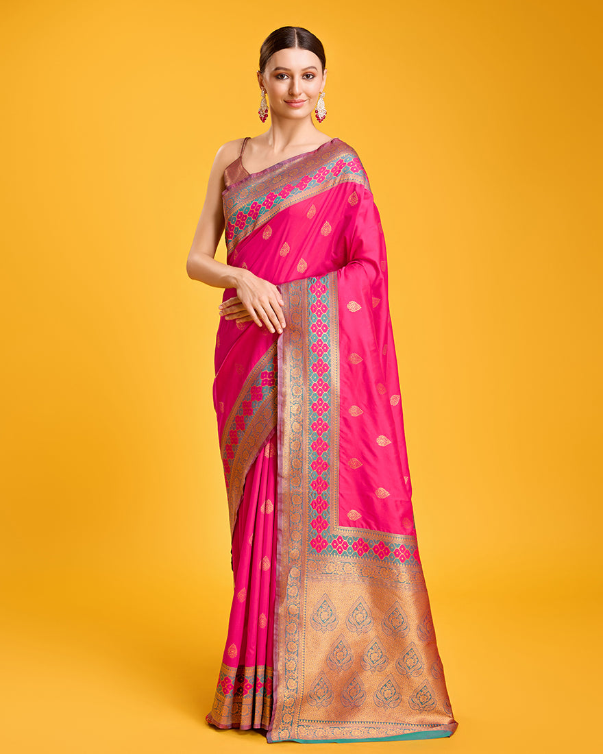 Monjolika Fashion Rani Pink Banarasi Rich Zari Woven Weave For Opulent Charm Silk Saree - Distacart