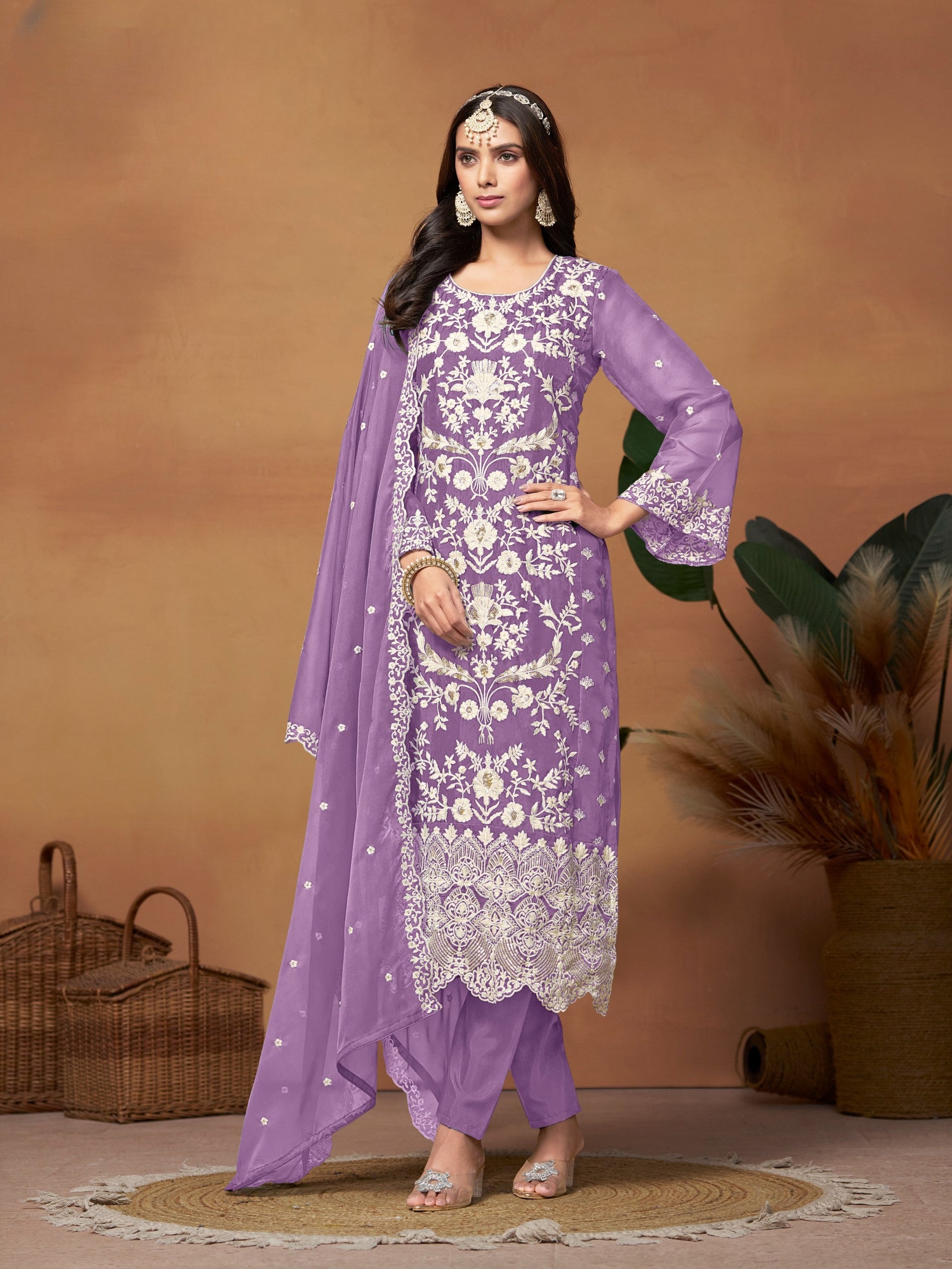 Anaita Lavender Embroidered Soft Organza Salwar Suit - Distacart