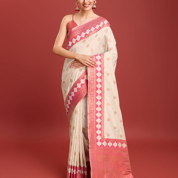Monjolika Fashion Cream Color Banarasi Rich Zari Woven Weave For Opulent Charm Silk Saree - Distacart