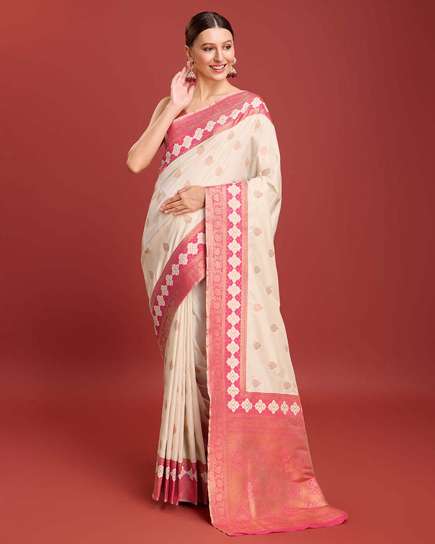 Monjolika Fashion Cream Color Banarasi Rich Zari Woven Weave For Opulent Charm Silk Saree - Distacart