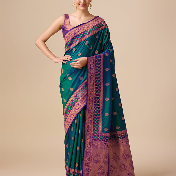 Monjolika Fashion Dark Teal Color Banarasi Rich Zari Woven Weave For Opulent Charm Silk Saree - Distacart