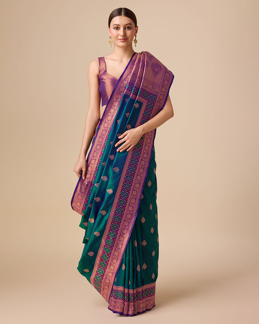 Monjolika Fashion Dark Teal Color Banarasi Rich Zari Woven Weave For Opulent Charm Silk Saree - Distacart