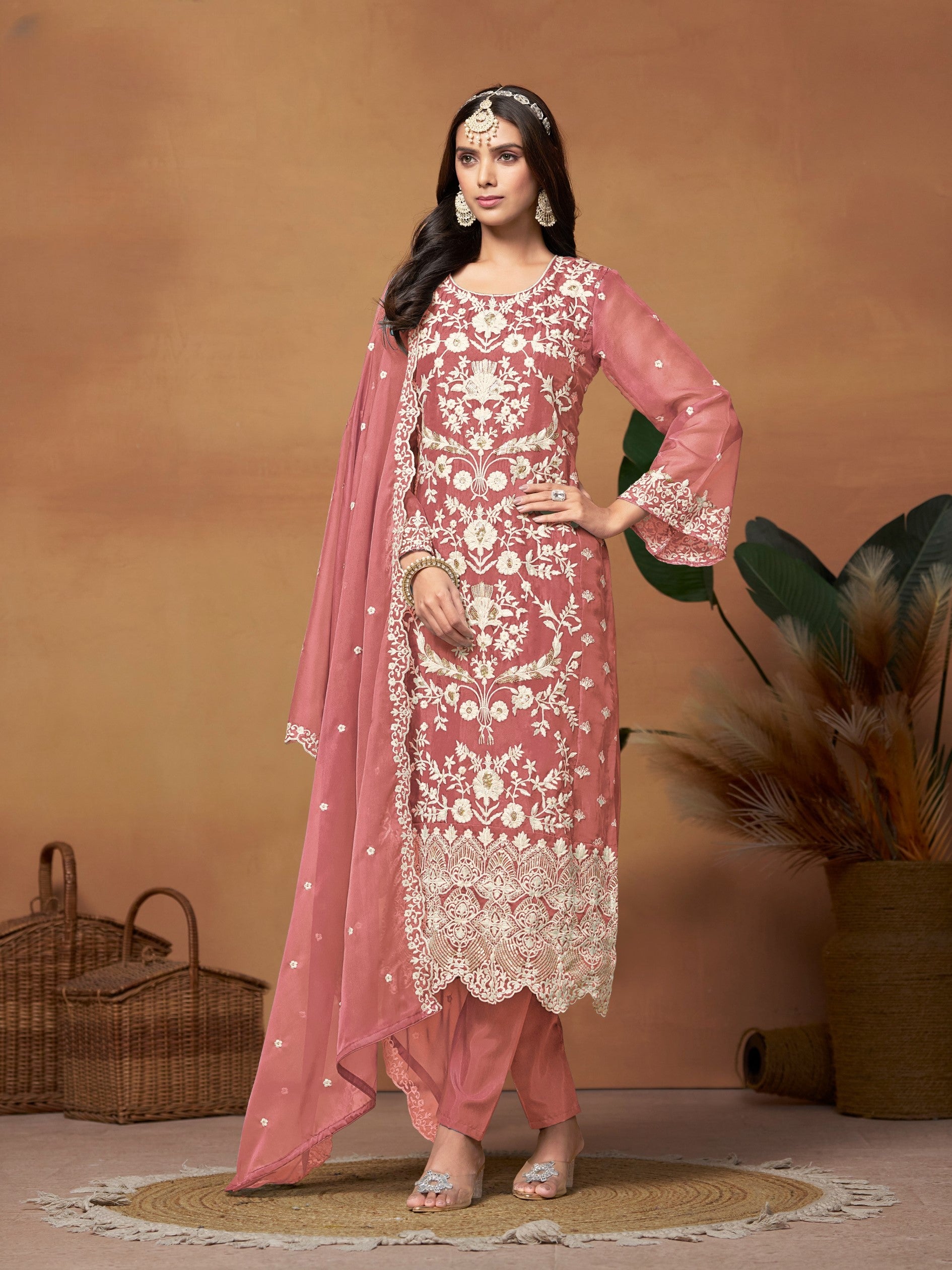 Anaita Peach Embroidered Soft Organza Salwar Suit - Distacart