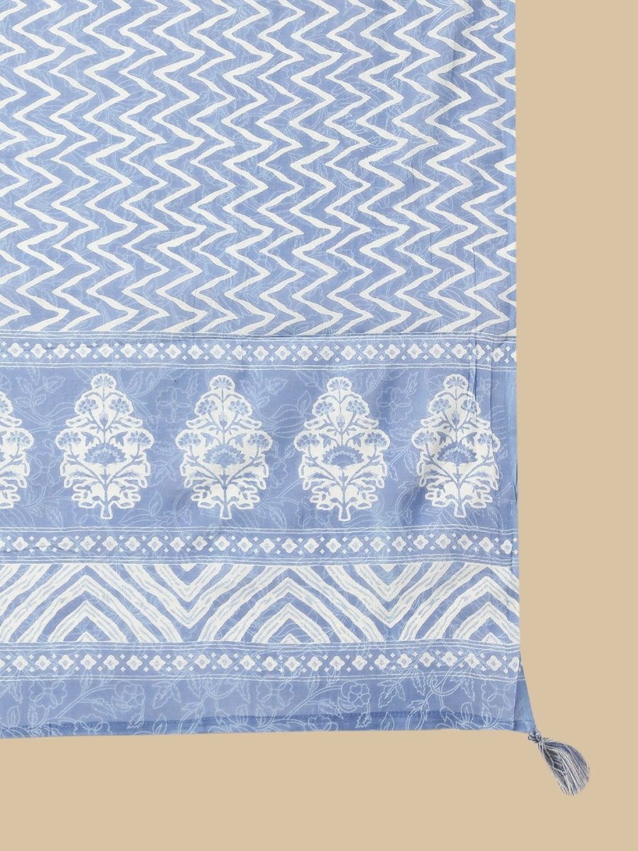 Anouk Blue Floral Printed Regular Thread Work Pure Cotton Kurta With Patiala & Dupatta