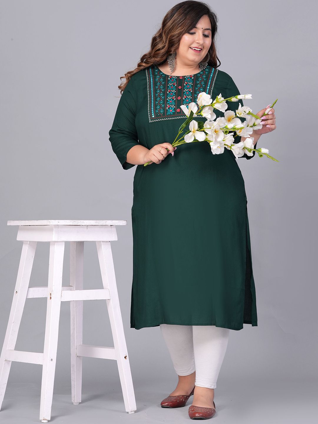 Sztori Plus Size Embroidered Yoke Design Round Neck Three-Quarter Sleeves Straight Kurta - Distacart