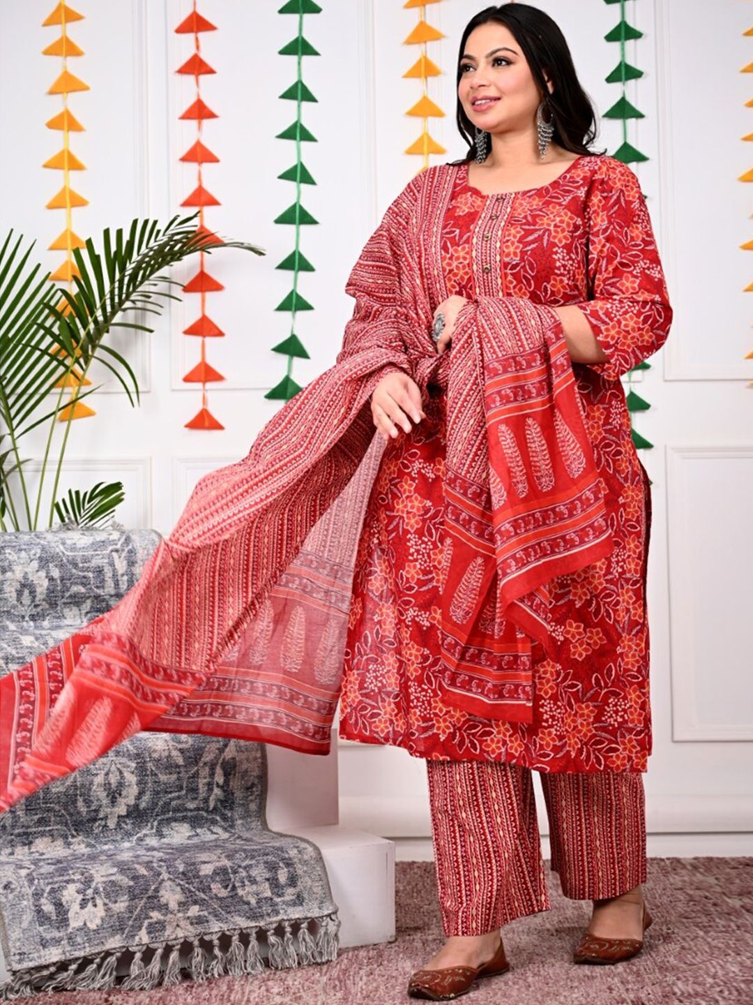 Swasti Plus Size Floral Printed Regular Pure Cotton Kurta With Trousers & Dupatta - Distacart