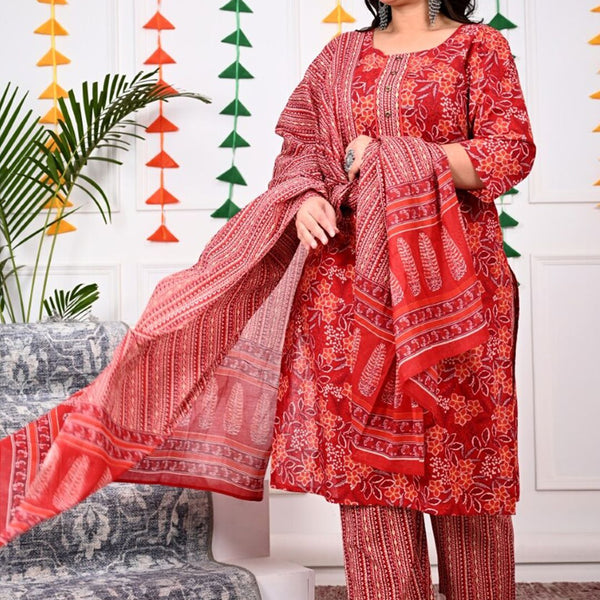 Swasti Plus Size Floral Printed Regular Pure Cotton Kurta With Trousers & Dupatta - Distacart