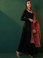 Thumbnail for Sangria Black Sweetheart Neck Anarkali Kurta With Dupatta - Distacart