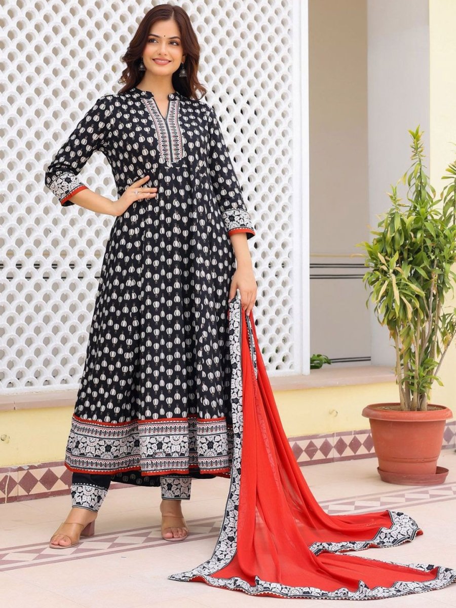 Anouk Black Ethnic Motifs Printed Mandarin Collar Anarkali Kurta With Trousers & Dupatta