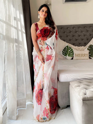 Anouk White & Maroon Floral Printed Organza Saree - Distacart