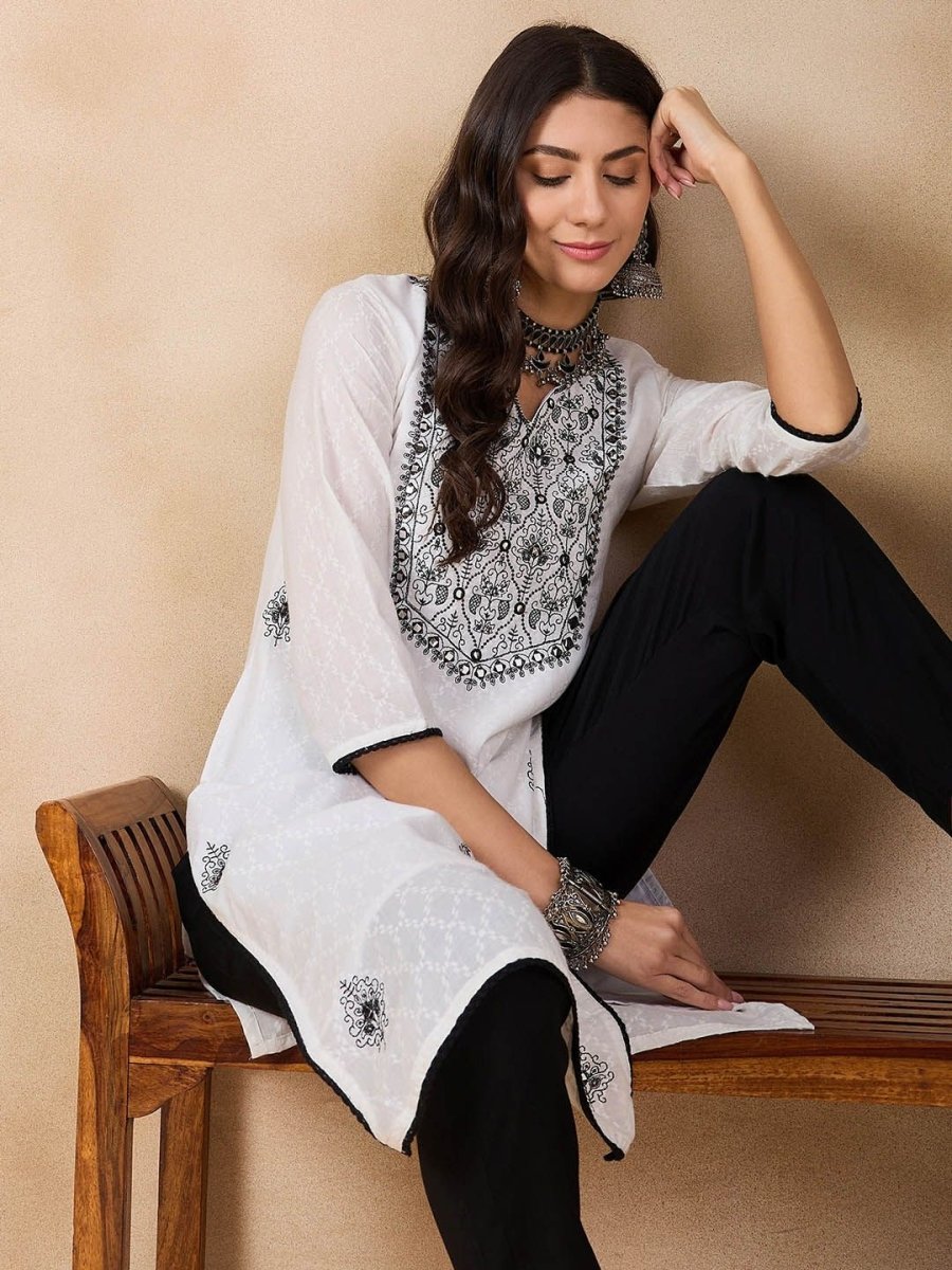 Anouk White Ethnic Motifs Embroidered Mirror Work Detailed Pure Cotton Straight Kurta - Distacart