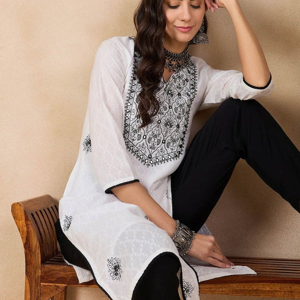 Anouk White Ethnic Motifs Embroidered Mirror Work Detailed Pure Cotton Straight Kurta - Distacart