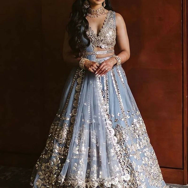 Jyoti Fashion Glamorous Grey Zari With Paper Mirror Embroidered Net Lehenga Choli with Dupatta - Distacart