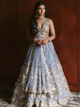 Jyoti Fashion Glamorous Grey Zari With Paper Mirror Embroidered Net Lehenga Choli with Dupatta - Distacart