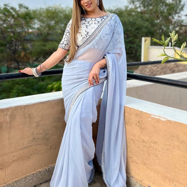 Anouk Grey Embroidered Pure Georgette Saree - Distacart