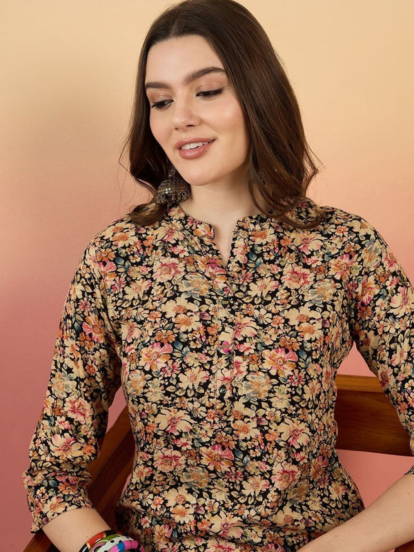 Anouk Floral Printed Mandarin Collar Straight Kurta