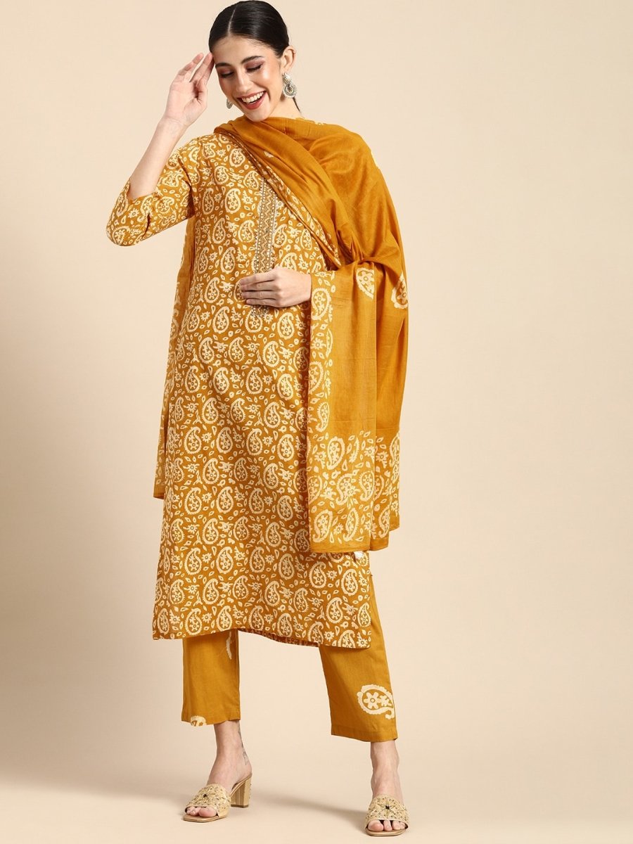 Anouk Mustard Yellow & Off White Paisley Mirror Cotton Straight Kurta Trousers Dupatta - Distacart