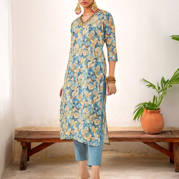 Soch Floral Printed V-Neck Three-Quarter Sleeves Beads and Stones Kurta with Trousers - Distacart