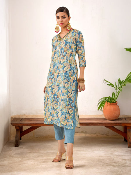 Soch Floral Printed V-Neck Three-Quarter Sleeves Beads and Stones Kurta with Trousers - Distacart