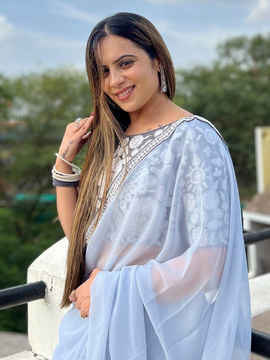 Anouk Grey Embroidered Pure Georgette Saree - Distacart