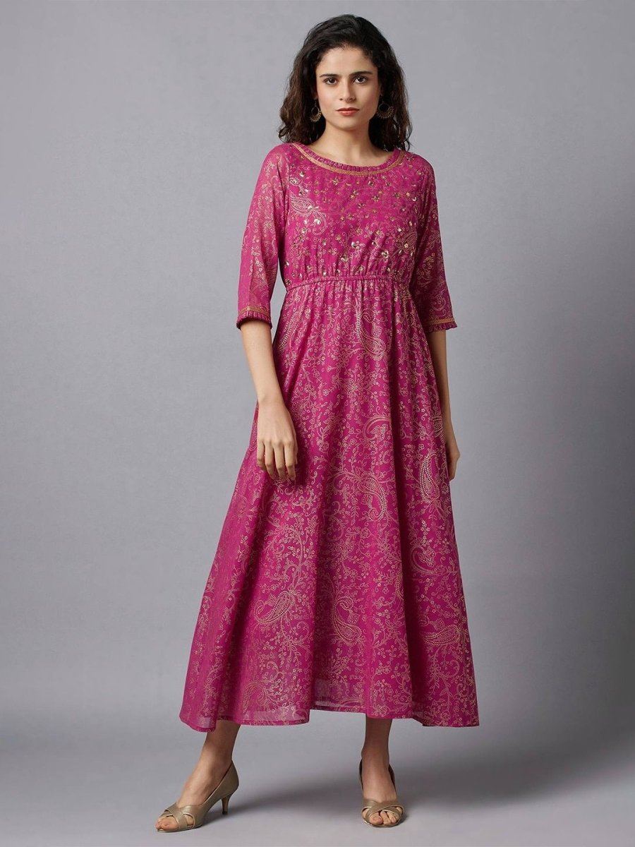 AURELIA Pink Ethnic Motifs Embellished Three-Quarter Sleeves Maxi Dress - Distacart