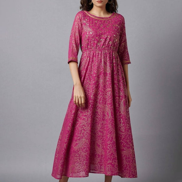 AURELIA Pink Ethnic Motifs Embellished Three-Quarter Sleeves Maxi Dress - Distacart